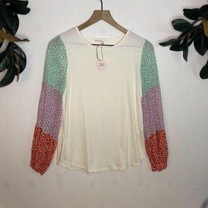 Raw Edge Tri-Color Long Sleeve Blouse Small